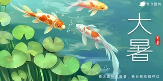 大暑节气荷花池里金鱼插画海报