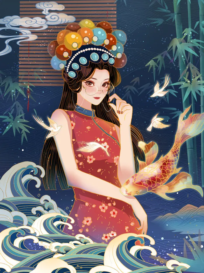 手绘中国风国潮京剧戏曲人物插画古风国粹花旦ai矢量ps设计素材图psd模版下载