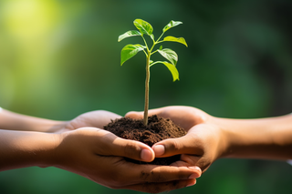 双手捧着泥土里的嫩芽环保摄影图