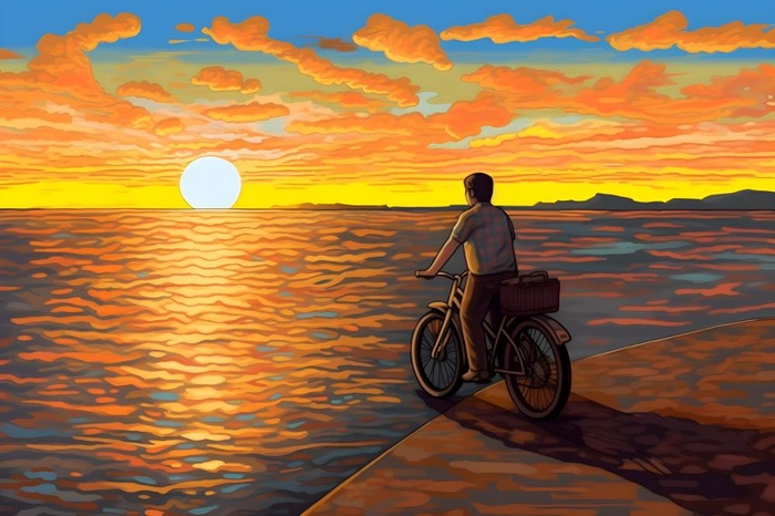 夕阳下骑自行车海边背景