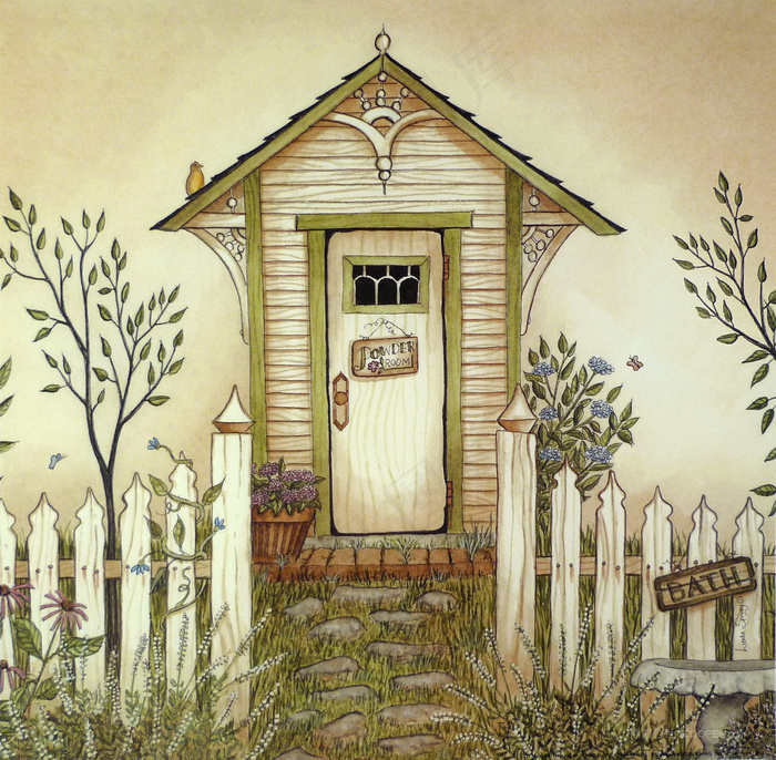 木屋草地高清油画