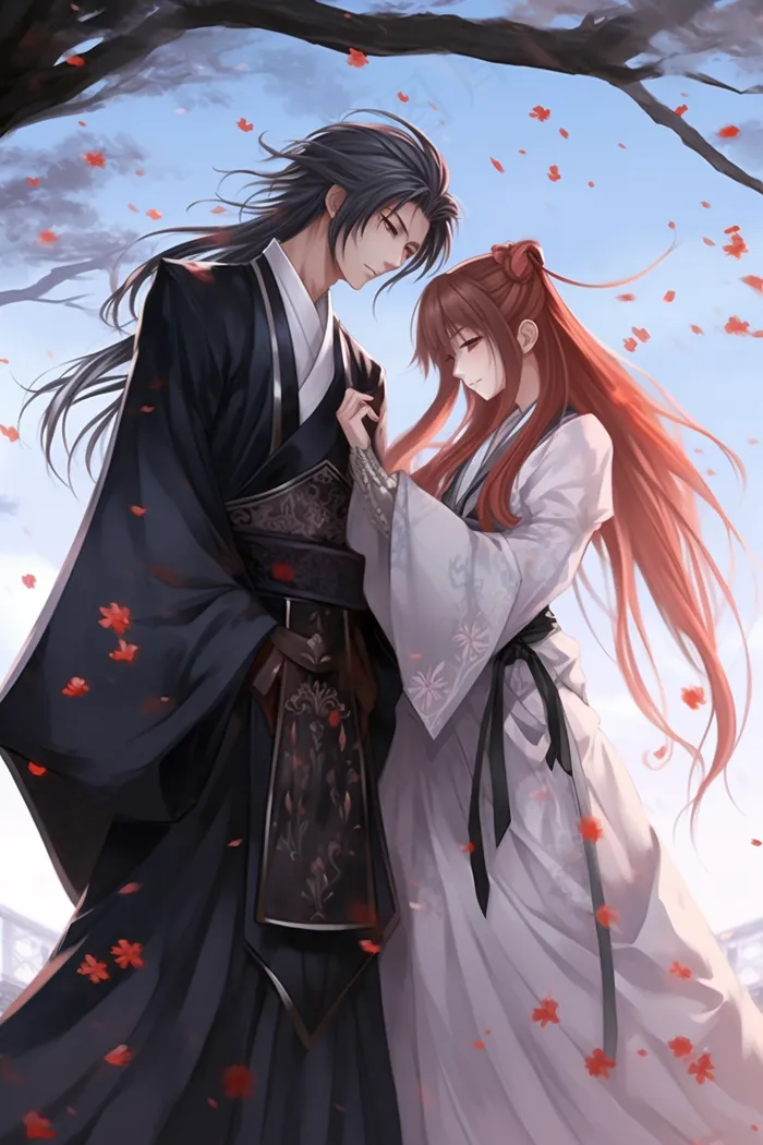 古风情侣花树下浪漫氛围插画素材(x)