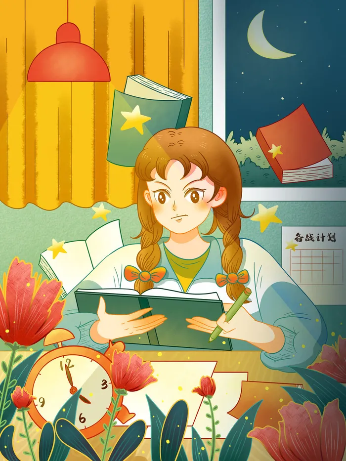 手绘全力以赴备战高考奋斗插画psd模版下载