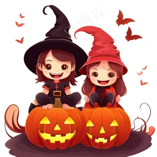 万圣节女巫南瓜灯捣蛋卡通插画免抠