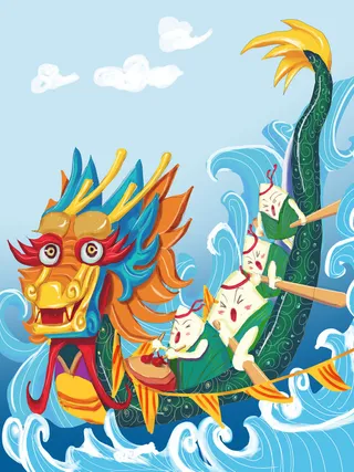 国潮风中国传统节日端午节赛龙舟粽子场景插画海报PSD设计素材