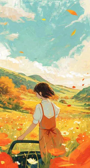 春日浪漫山脉鲜花草坪里的女孩，油画手绘插画，春分