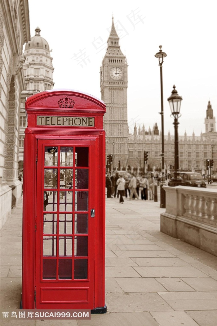 伦敦特色红色电话亭高清摄影图片