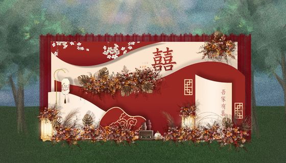 红色香槟色新中式户外婚礼合影区