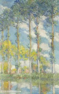 印象派莫奈湖畔树林油画图片