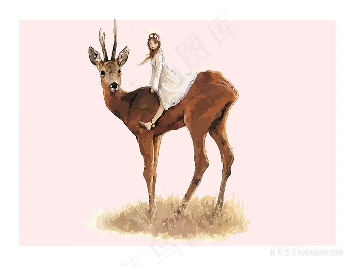 矢量美女麋鹿水彩插画