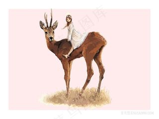 矢量美女麋鹿水彩插画