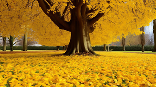 秋天里的树木树叶黄了落了满地的落叶摄影图