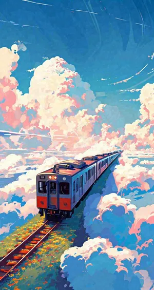 彩色绚丽彩虹蓝天白云铁路火车动车手绘插画