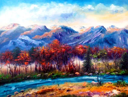 油画秋溪山林图片 油画秋溪山林图片