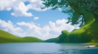 大气写意色块风景插画壁纸背景-蓝天绿树与湖泊