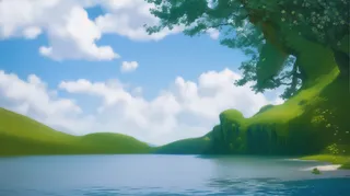 大气写意色块风景插画壁纸背景-蓝天绿树与湖泊