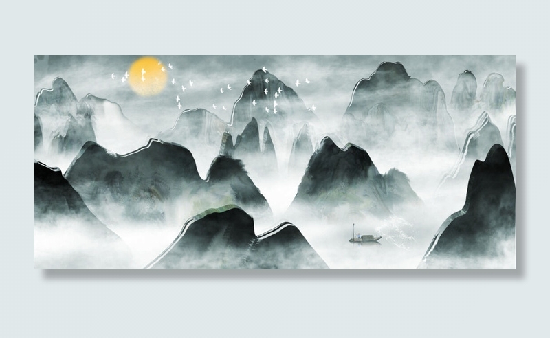 山川山峰秀丽风景绘画PSD素材