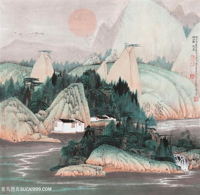 薛亮水墨画湖畔山脉高清油画 风景画