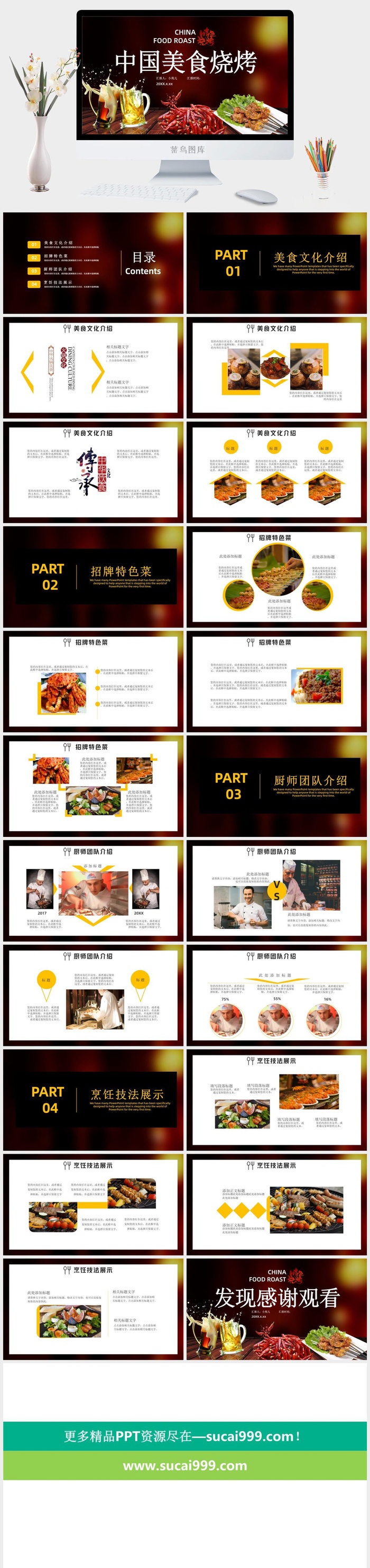 国潮美食餐饮PPT模板中华美食火锅烤串海鲜加盟宣传