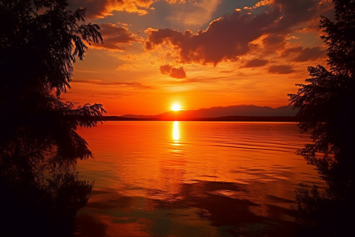 夕阳余晖倒映在湖面上垂下的树枝摄影图