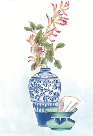 青花瓷唯美花卉中式装饰画