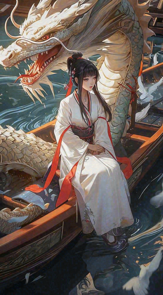 古风仙侠暗黑人物在河流上，龙中国风插画(816x1472)