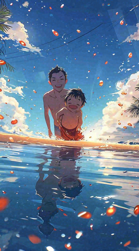 夏天火辣阳光少年游泳清爽插画，夏至夏季小暑大暑暑假(816x1472)