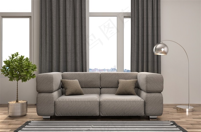 房间绿植沙发与深灰色窗帘高清图片