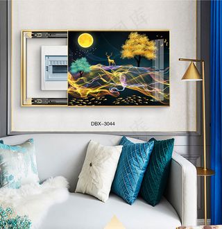 大气时尚家居室内装饰场景客厅沙发卧室床铺电表箱壁画背景图金鹿月夜发财树