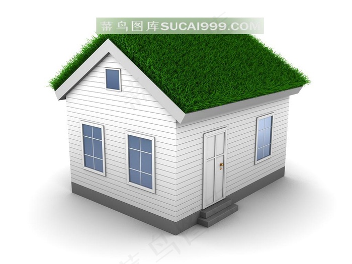 白墙绿顶房屋模型高清图片