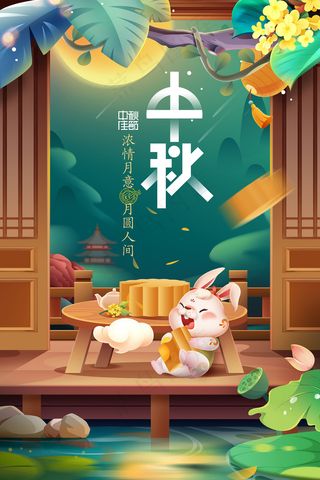 中秋插画花好月圆月饼促销中秋节