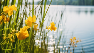 湖面岸边生长的小黄花摄影图