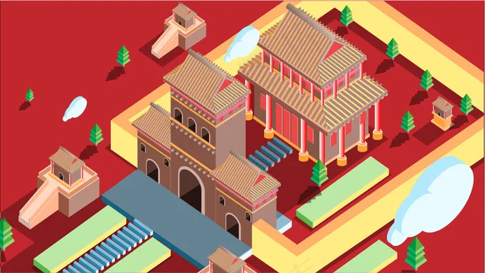 古风建筑插画ai矢量模版下载