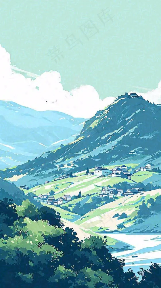 蓝天白云连绵山脉小溪河流小屋，阳光晴天(816x1456)
