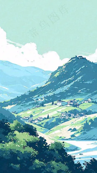 蓝天白云连绵山脉小溪河流小屋，阳光晴天