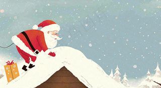 冬天圣诞老人屋顶带礼物，雪花雪屋，圣诞节卡通扁平插画