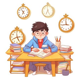 学生在书桌写作业时间时钟免抠