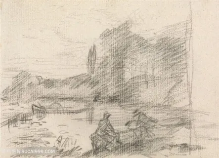 康斯坦布尔手绘湖畔素描风景画