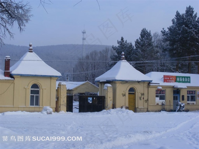 园林建筑风雪摄影图