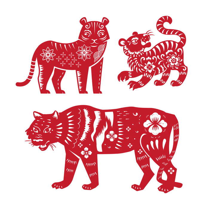 2022新年吉祥春节剪纸生肖虎年晚会插画透明免抠图ai矢量设计素材
