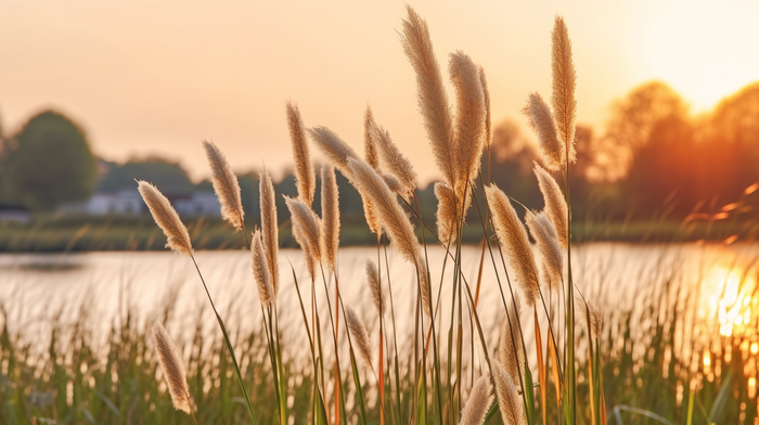 秋天夕阳下芦苇毛絮湖边摄影图(4368x2448)