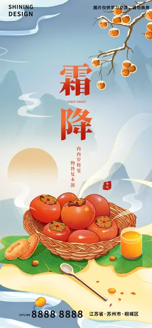 橙汁国潮霜降深秋柿子柿饼手绘海报