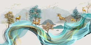 山水林木金鹿装饰画