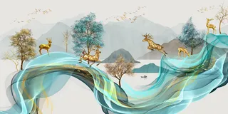 山水林木金鹿装饰画