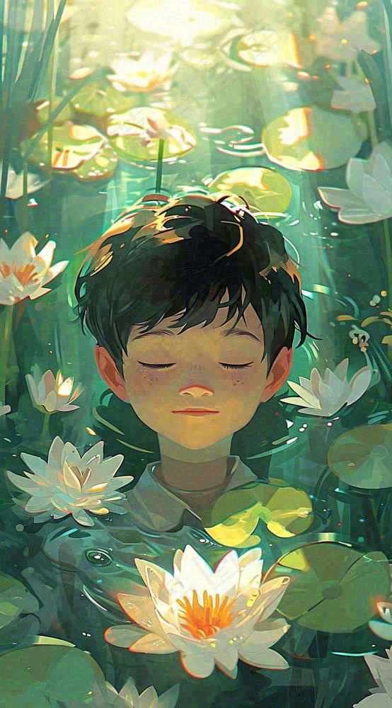 夏日温暖阳光墨绿荷花池荷叶，睡眠男孩