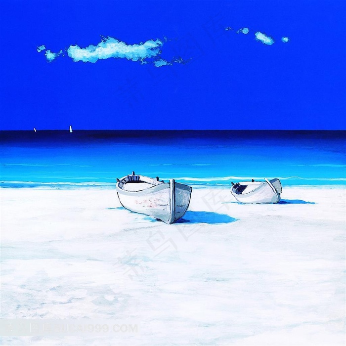 船只沙滩装饰油画素材