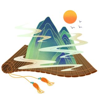 时尚微景观山水装饰庭院祥云中式国潮风插图插画元素素材设计模板