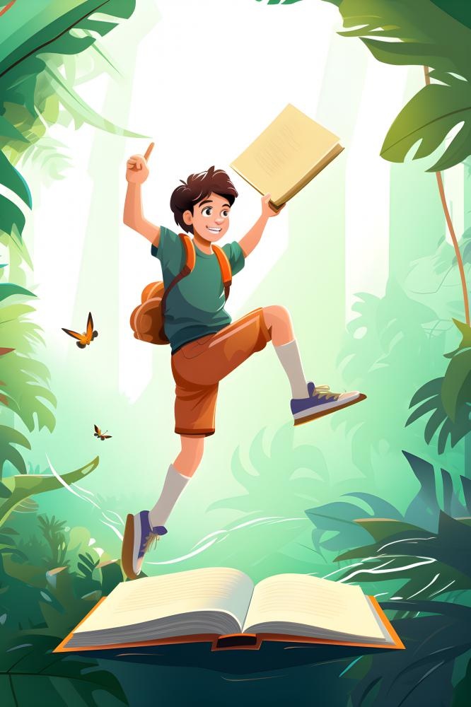 学生跳跃书籍花草背景