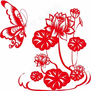 蝴蝶荷花剪纸 剪纸风元素