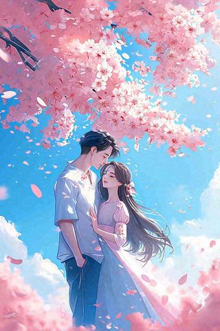 爱情情侣拥抱情人节浪漫粉色花朵，蓝天白云